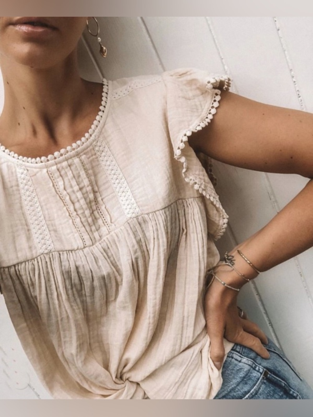 Spell Hanalei Cream Cotton Lace-Trim Flutter Sleeve Blouse in Sand